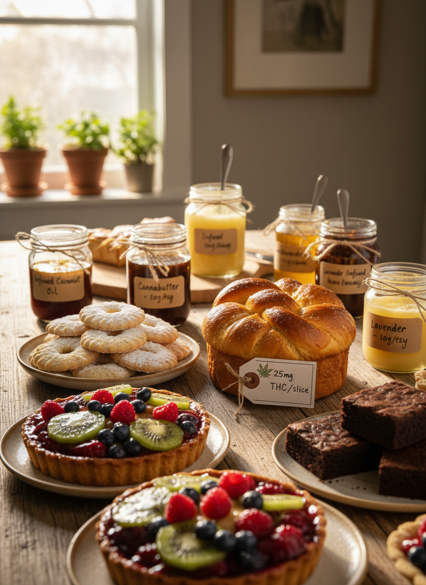 A rustic wooden farmhouse table covered in an artful spread of infused baked desserts: jewel-toned fruit tarts with glossy glaze, perfectly cracked fudge brownies, sugar-dusted shortbread, and a single golden brioche loaf with a tiny illustrated dosage tag pinned to it. Small amber glass jars of infused oils and butters sit nearby, their handwritten labels clearly visible. The scene is bathed in soft morning window light, creating gentle highlights on the pastries and subtle shadows in the wood grain. Shot from a slightly elevated, three-quarter angle with shallow depth of field, the front row of desserts in crisp focus and the background softly blurred. The overall mood is playful, cozy, and educational, in a clean, photographic realism style ideal for an infused baking homepage hero image.